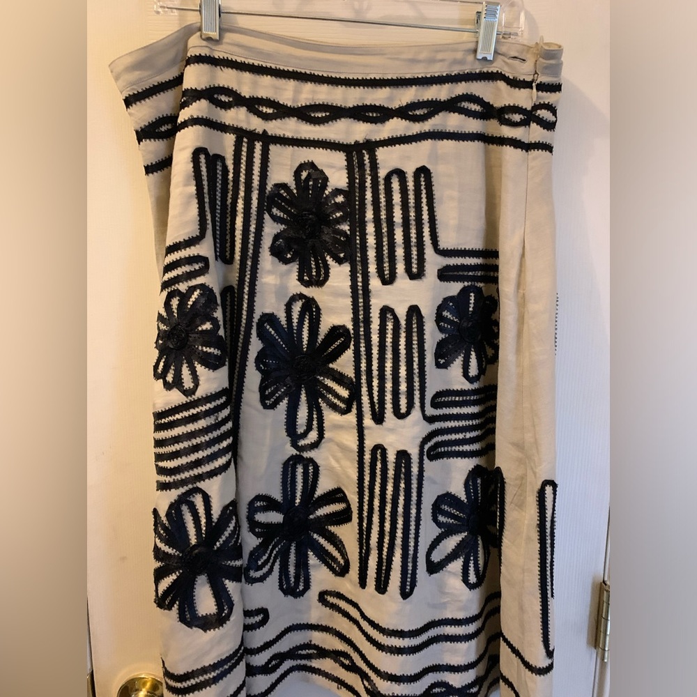Carole Little Tan linen black ribbon skirt women size 14